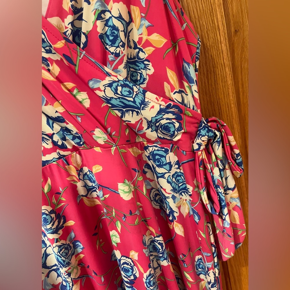 Gilli Maternity Bright Pink Floral Faux‎ Wrap w/Tie Stretchy Maxi Dress Sz Small - Picture 5 of 10